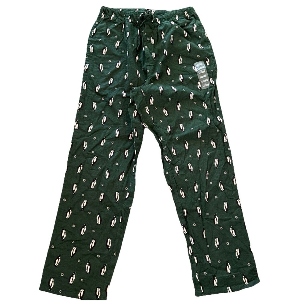 Stafford Mens L Fleece Sleep Pants Flannel Lounge Pajamas Penguins Green